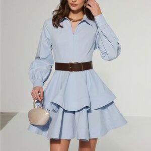 NWT - Belted Zip-Front Cotton Tiered Shirt Dress